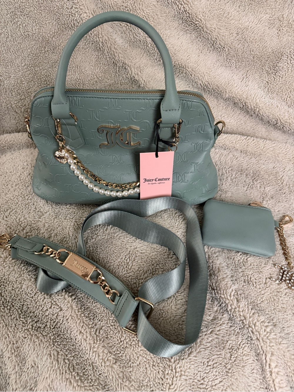Juicy Couture Mint Green Satchel with Pearl & Gold Chain Detail
